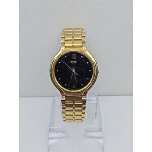 Seiko Quartz V701 6K09 Gold Tone Black Dial Mens Dress Watch New Battery Vintage